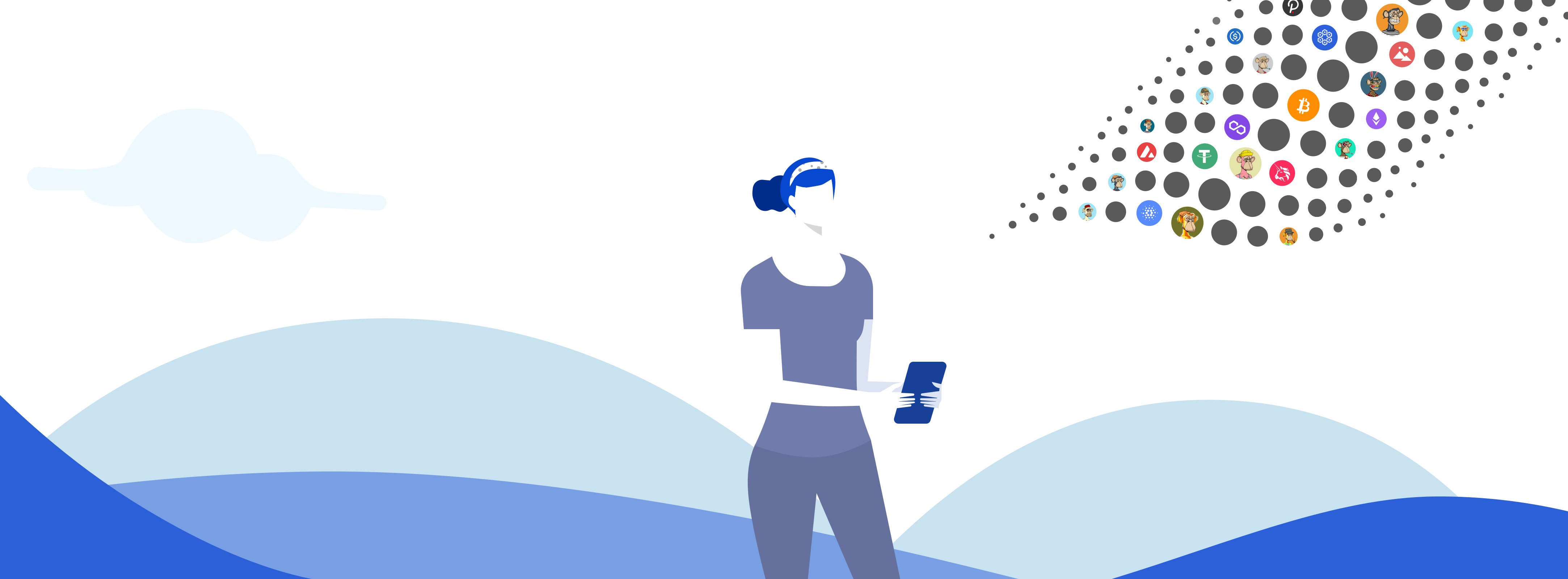 Woman holding phone and a swarm of cryptocurrencies and NFTs above her