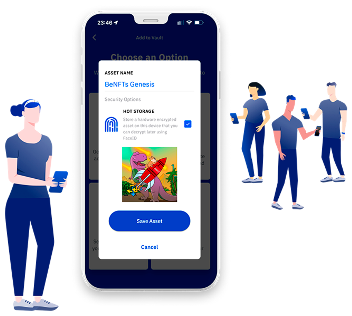 Illustration of creator with NFT in their digital Vault and collectors looking on