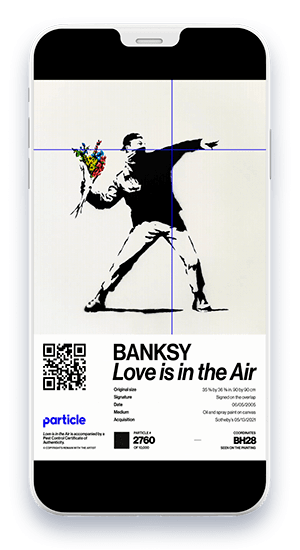 Screenshot of Banksy Love is in the Air NFT from Particle Collection in Digital Vault
