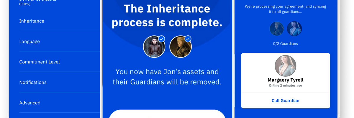 Screenshots of Vault12 app showing successful inheritance activation