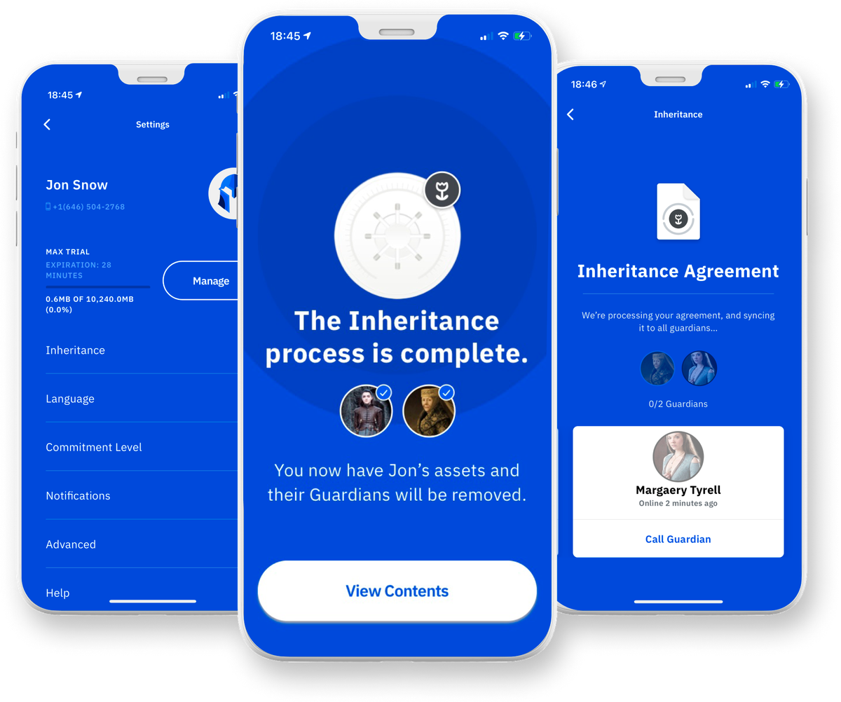 Screenshots of Vault12 app showing successful inheritance activation