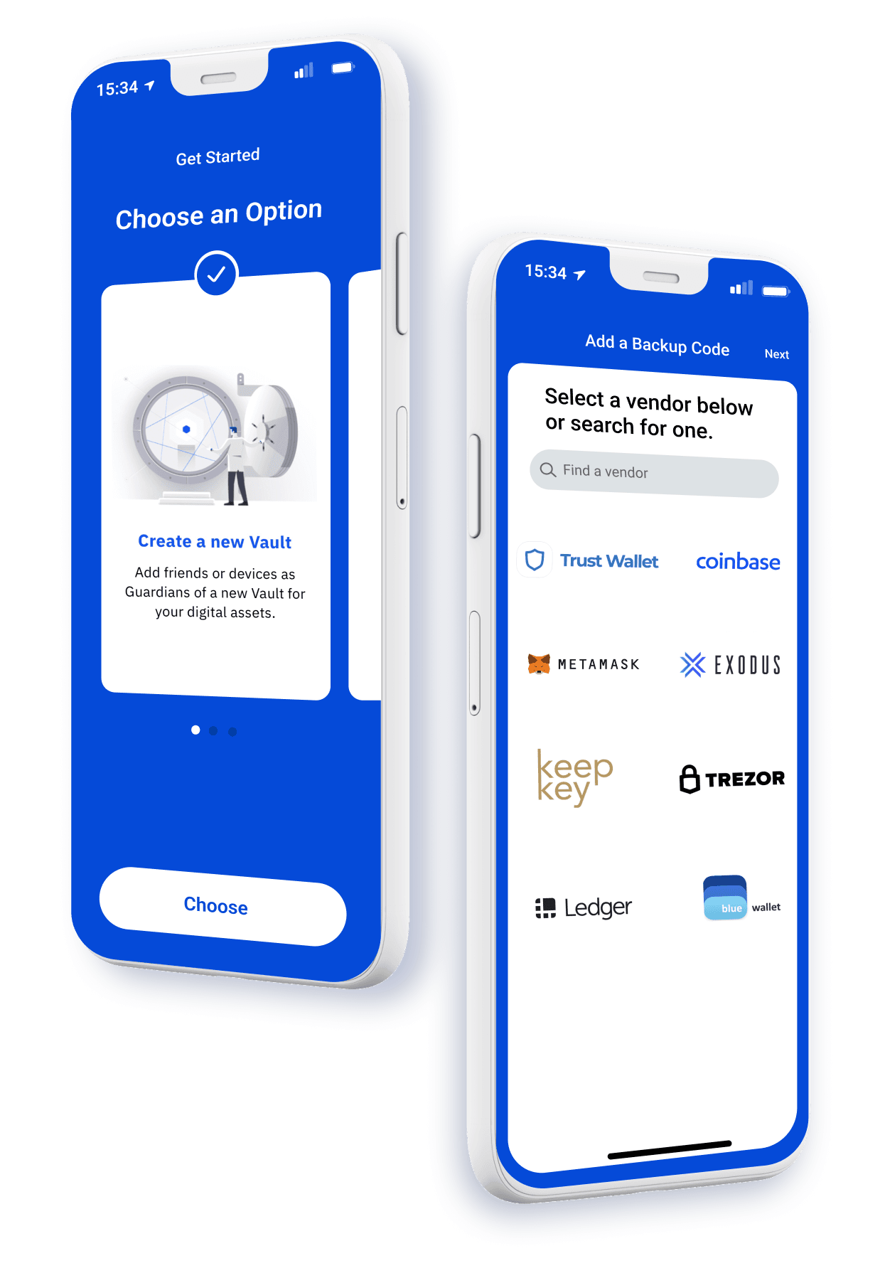 screenshot of Vault12 app showing how to create a vault and how to select a wallet to secure
