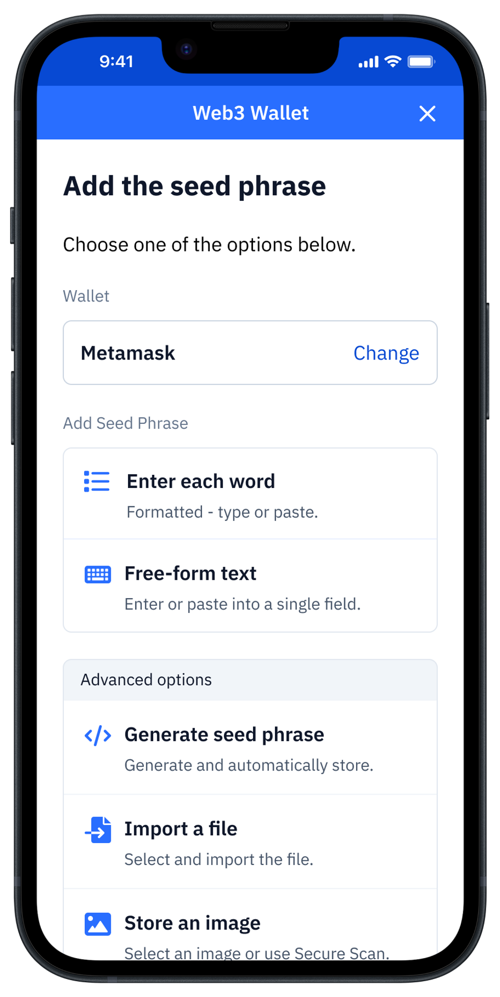 Vault app "Add seed phrase" screen