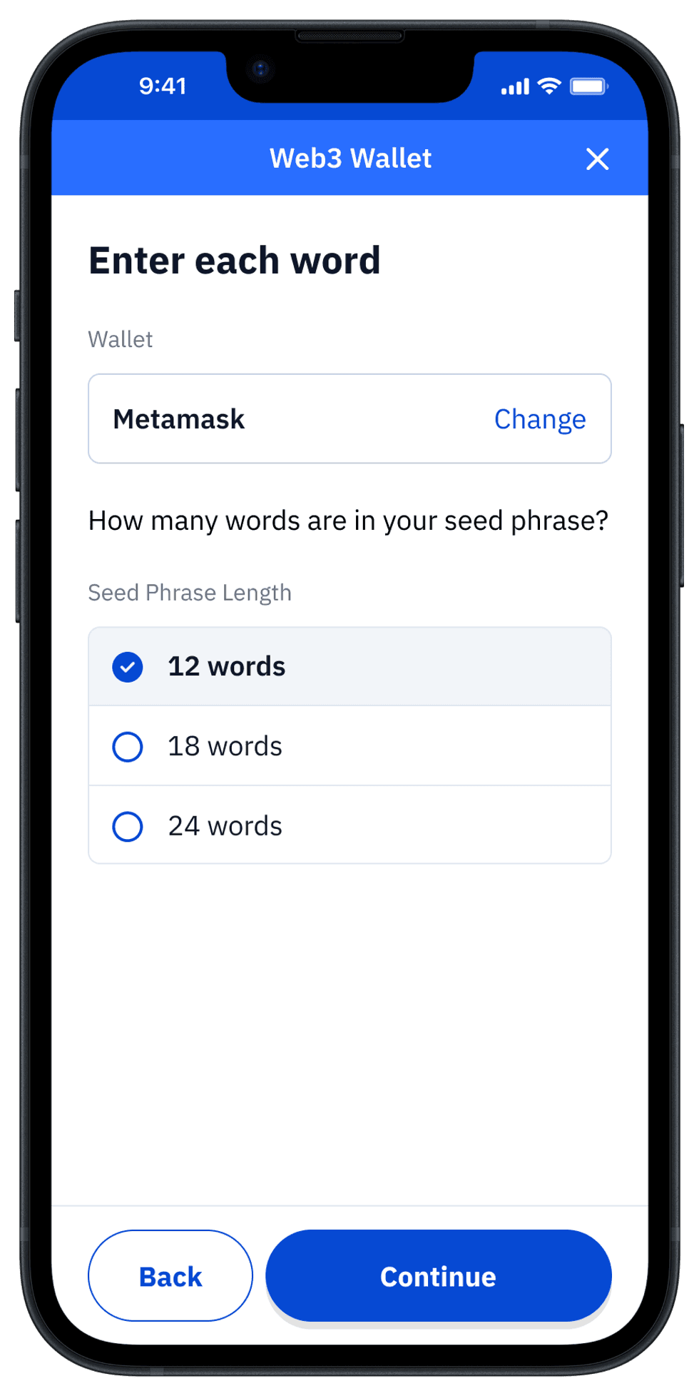 Wallet configuration screen with 12, 18, 24 word options