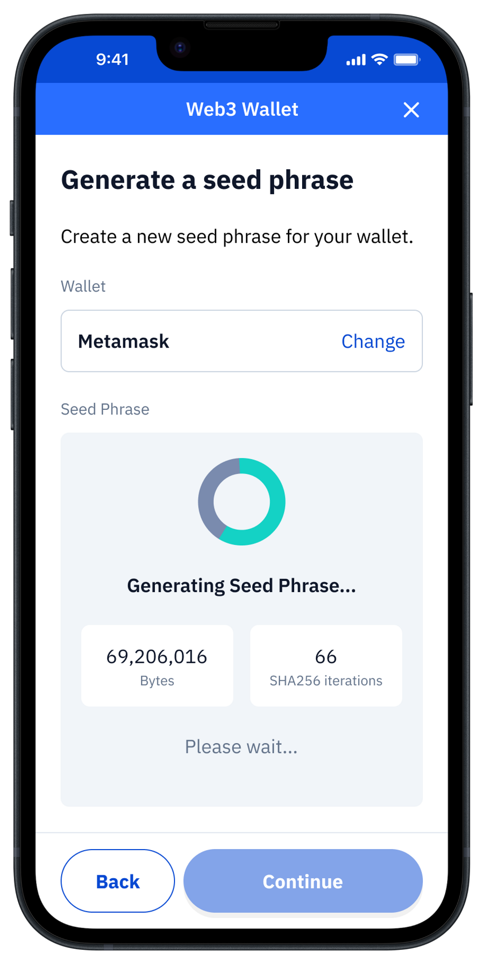 Vault app "Generate a seed phrase" screen