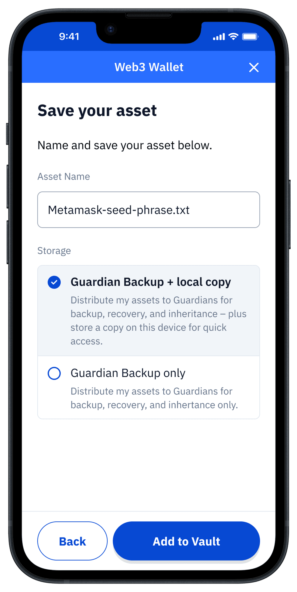 Vault app "Save your Asset" screen