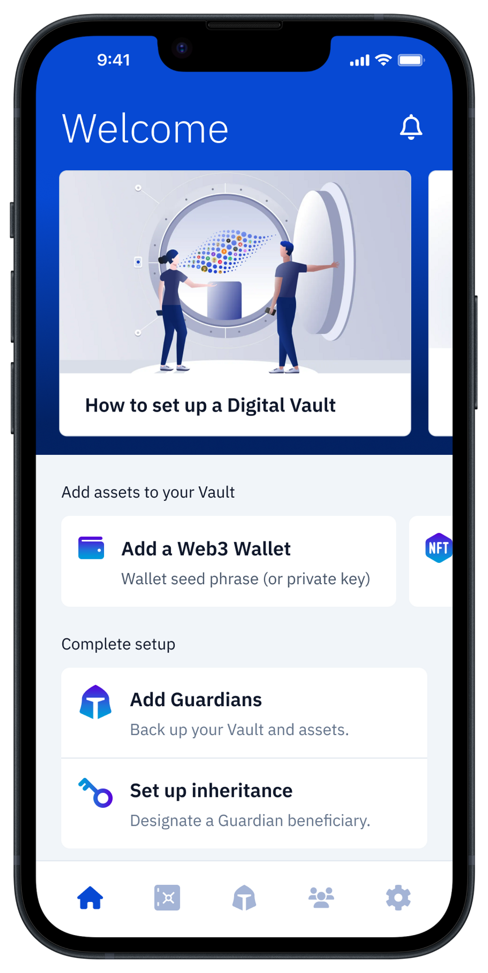 Vault app main Welcome screen