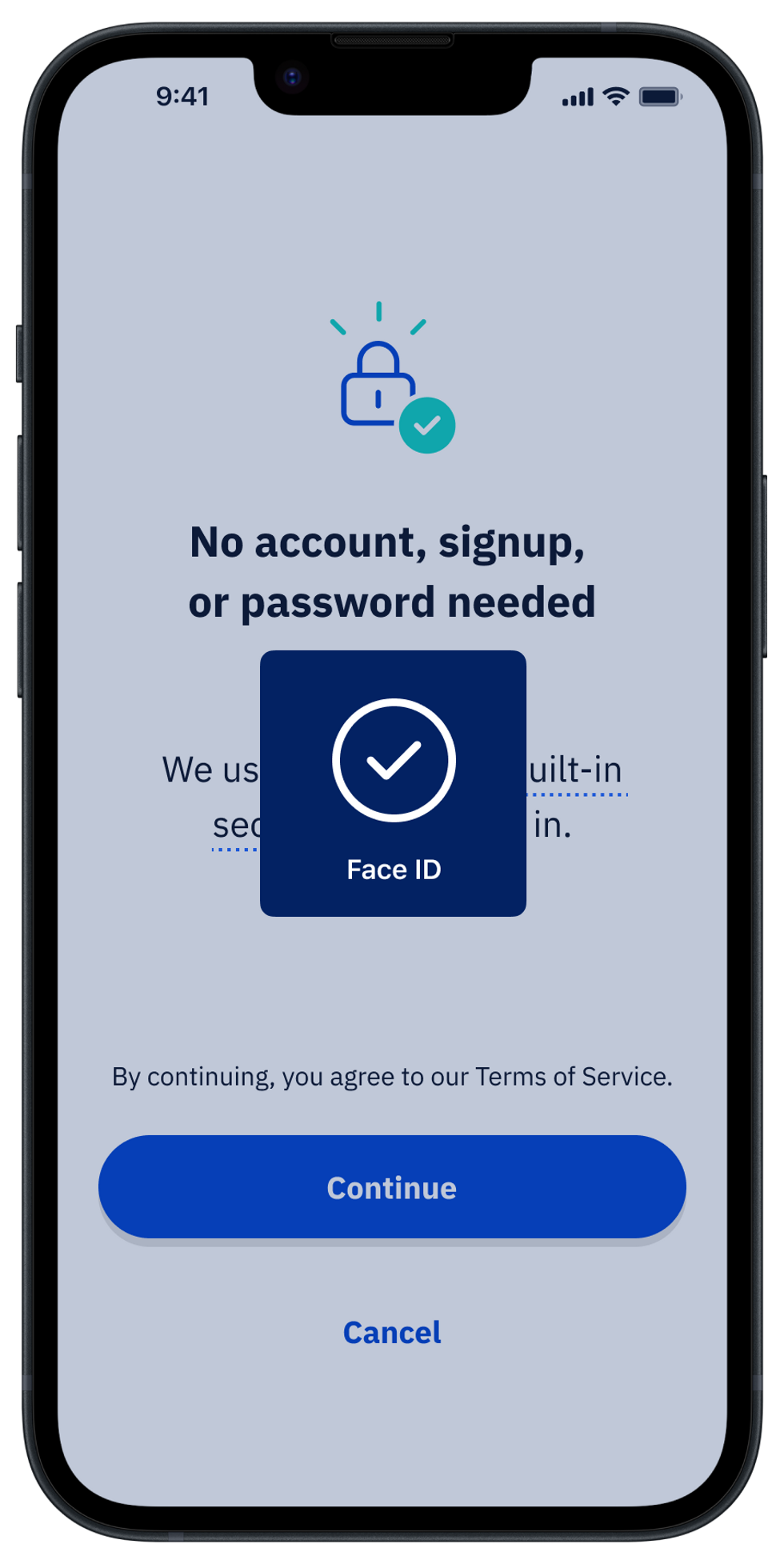 \u200b"Sign in with Face ID" and Terms of Service agreement screen