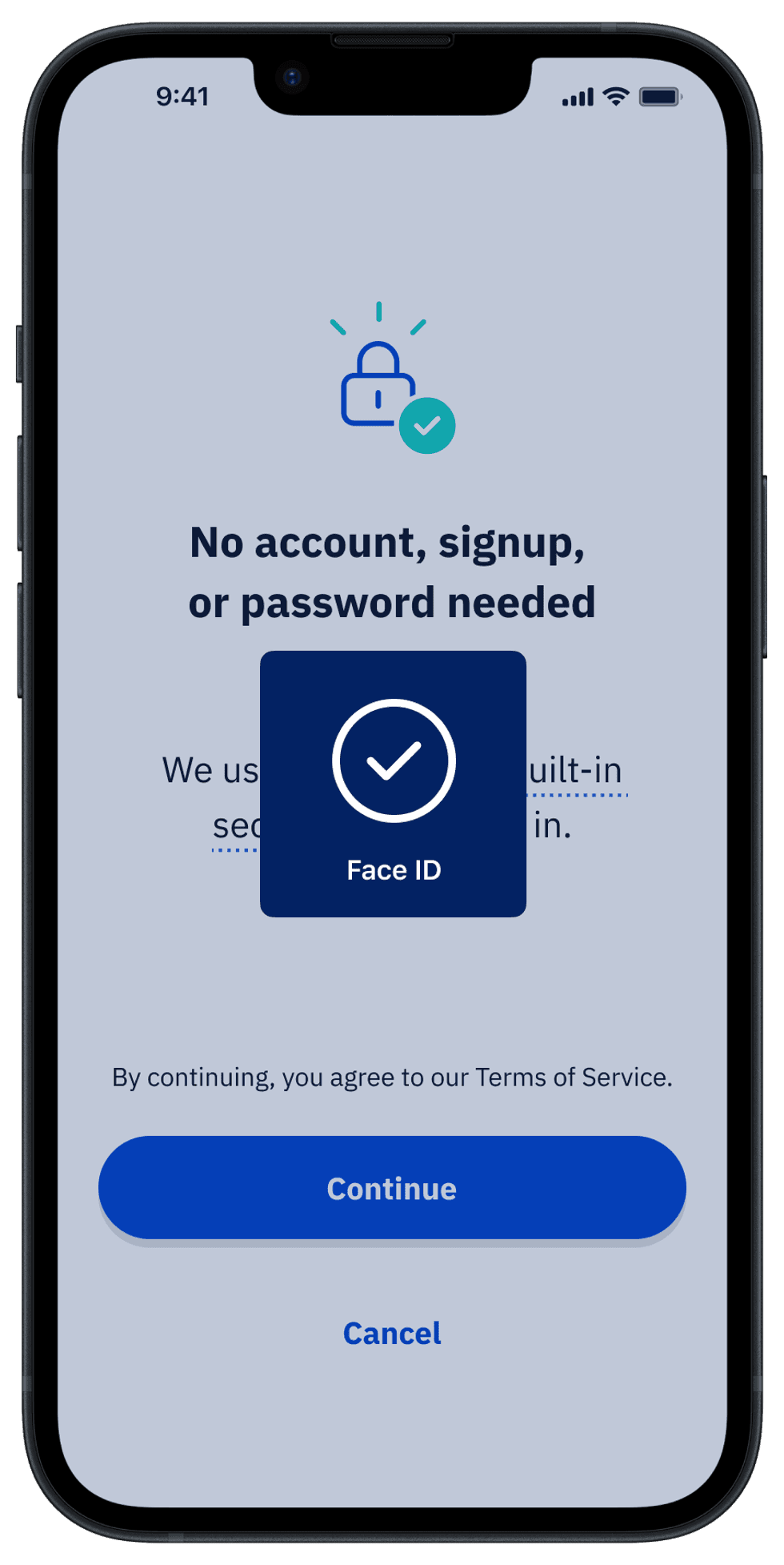 \u200b"Sign in with Face ID" and Terms of Service agreement screen