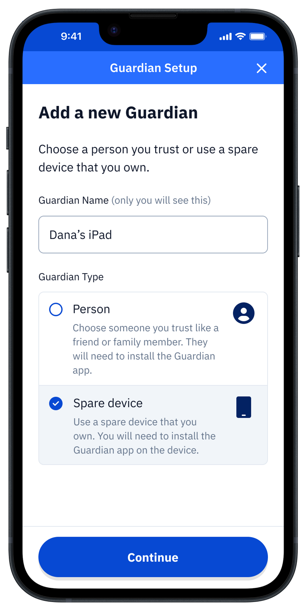 Guard app to add spare devices as guardians