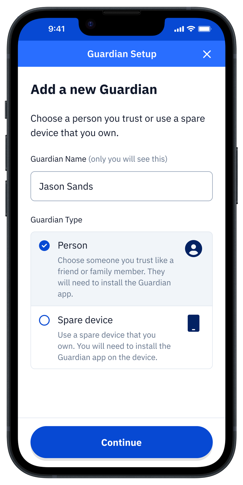 Guard app adding a person as a Guardian