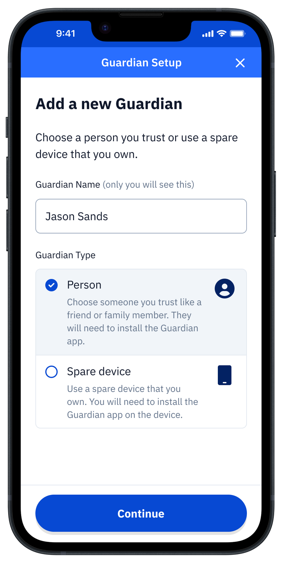 Security app that adds people as guardians