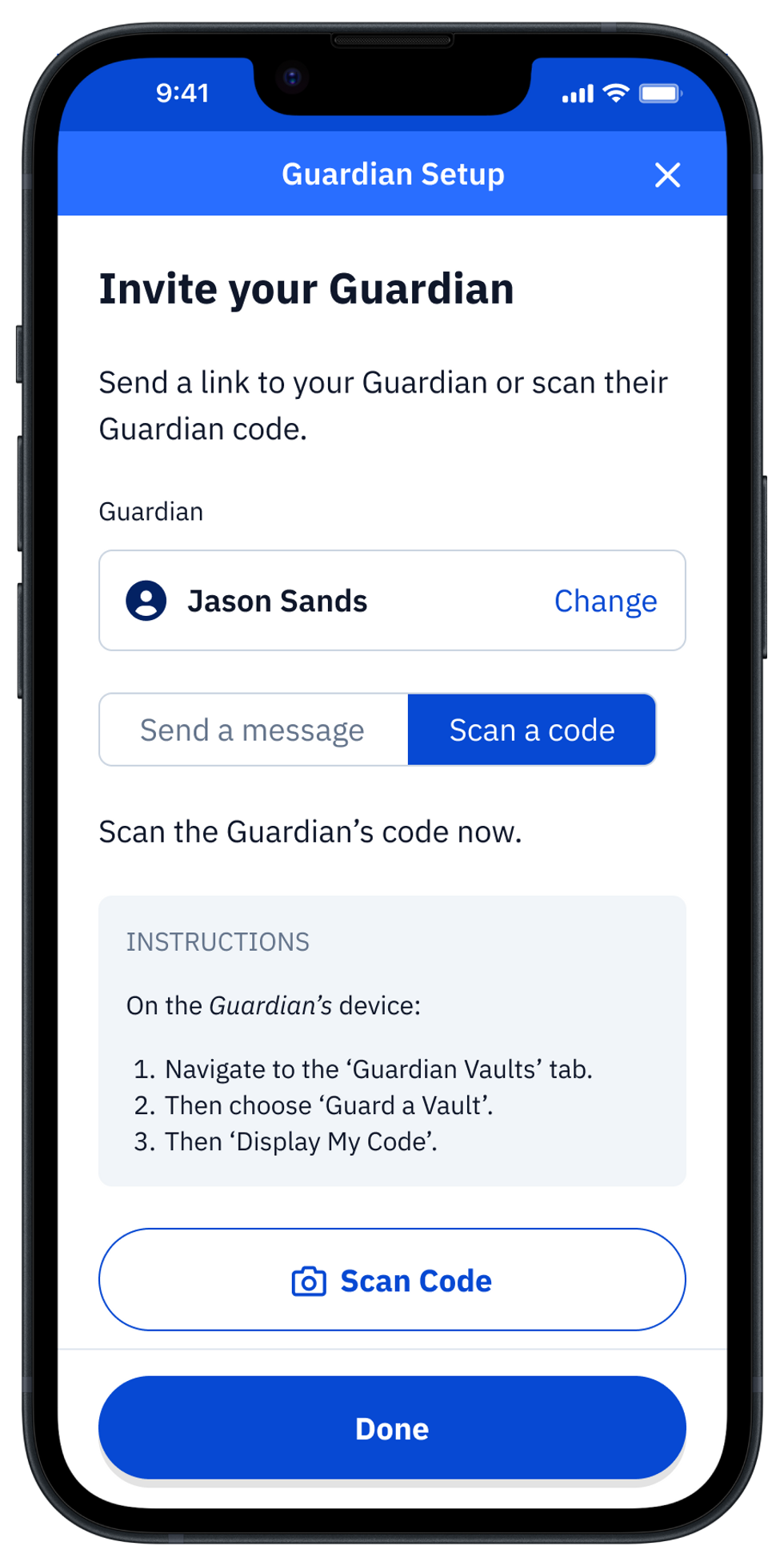 Guard app "Scan a code" option to add a Guardian