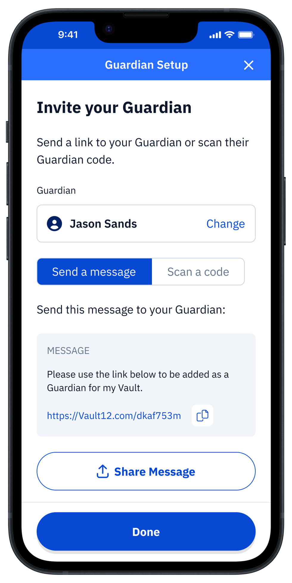 Guard app "Invite your Guardian" by sending a message