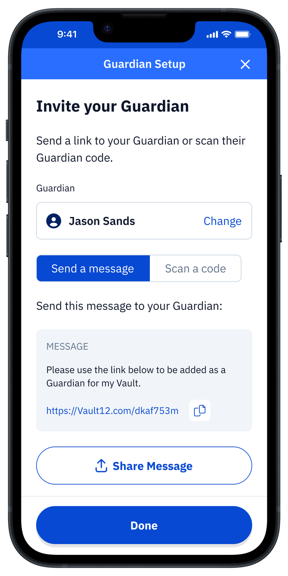 guard app "Invite a Guardian" by sending a message