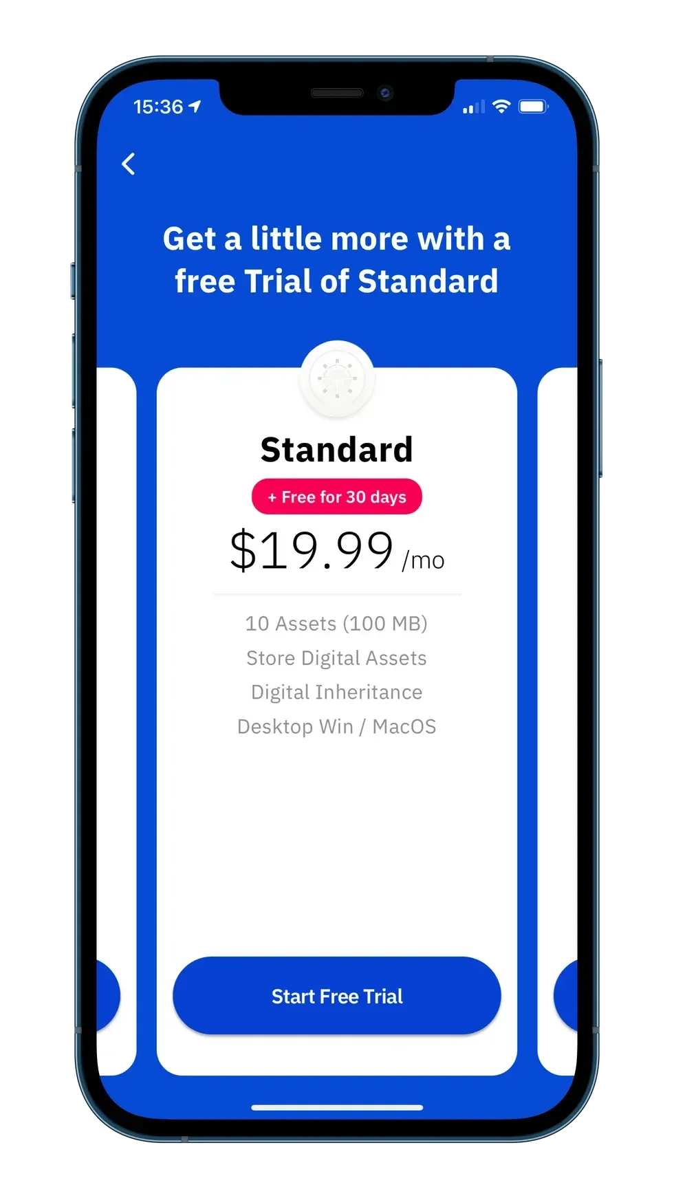 Guard app showing Free Trial for Standard subscription