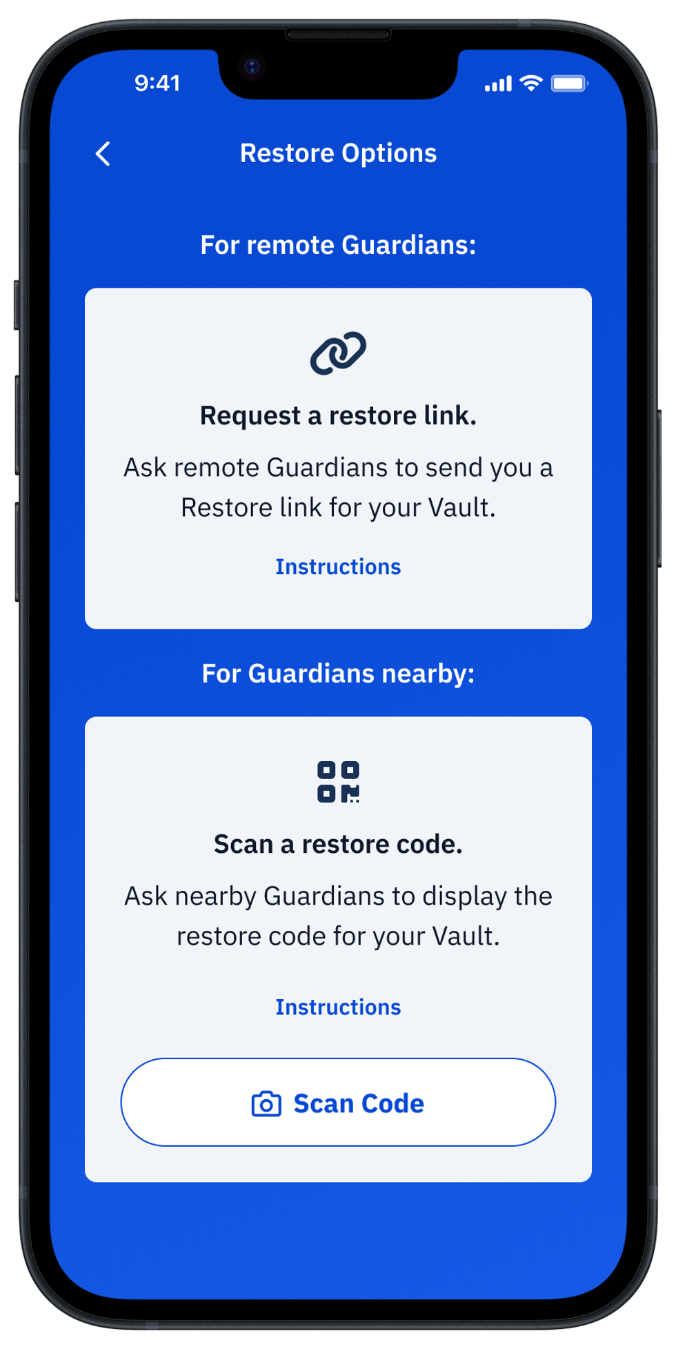 Screenshot of Remote and Nearby Restore options