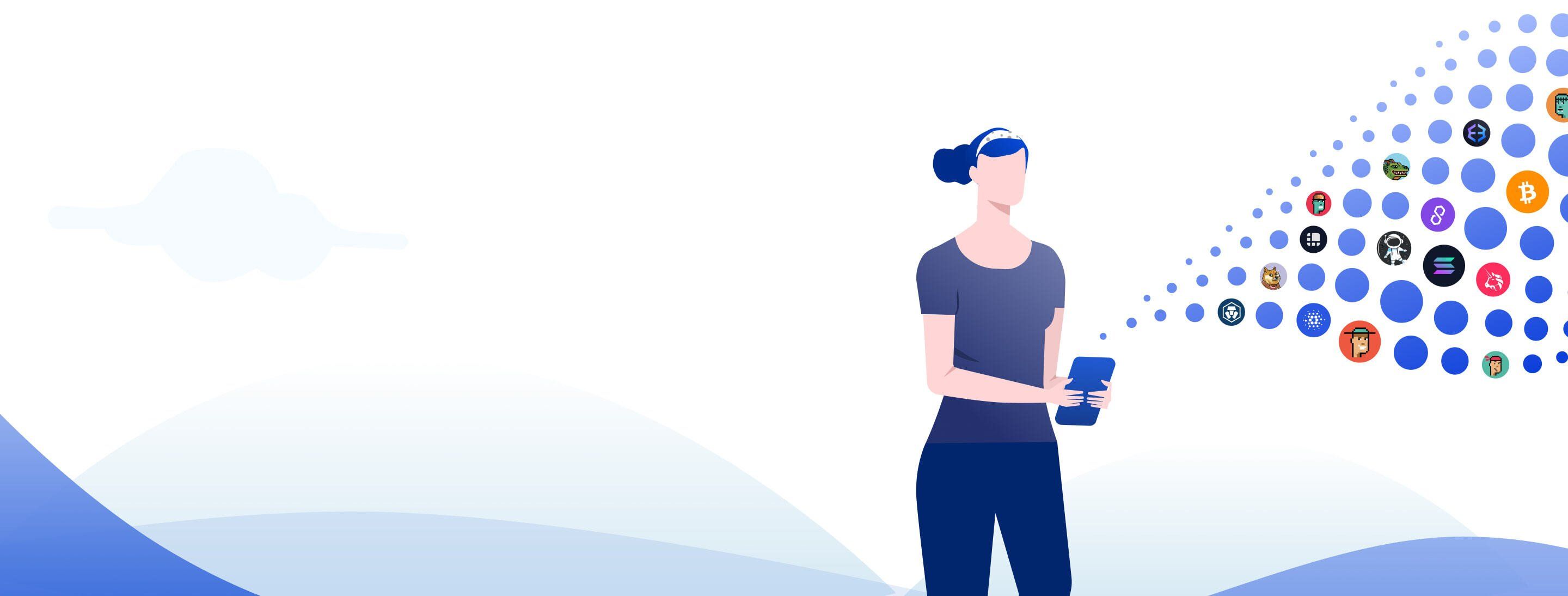 Illustration of woman holding tablet looking for information about crypto and security