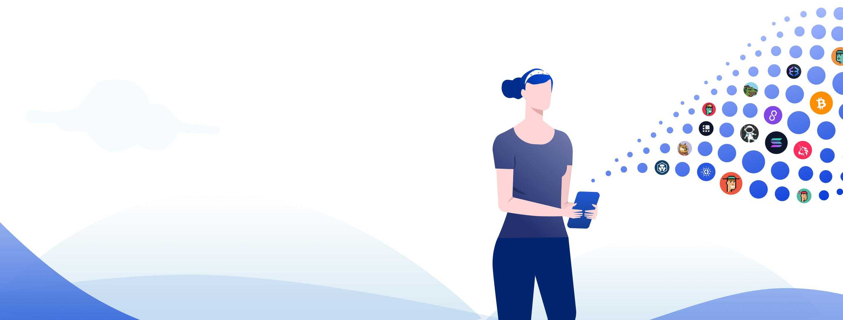 Illustration of woman holding tablet looking for information about crypto and security