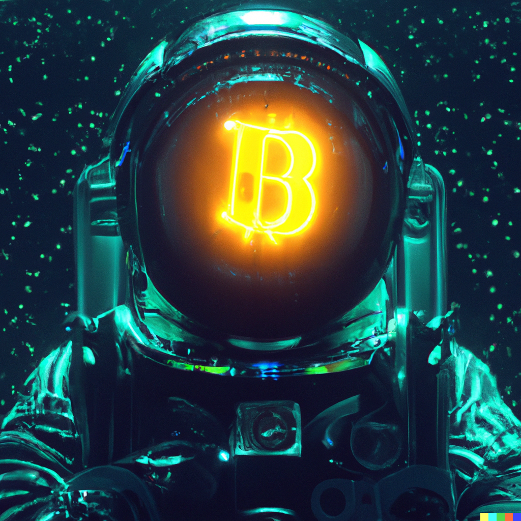 Bitcoin symbol in astronaut costume to represent Bitcoin NFTs