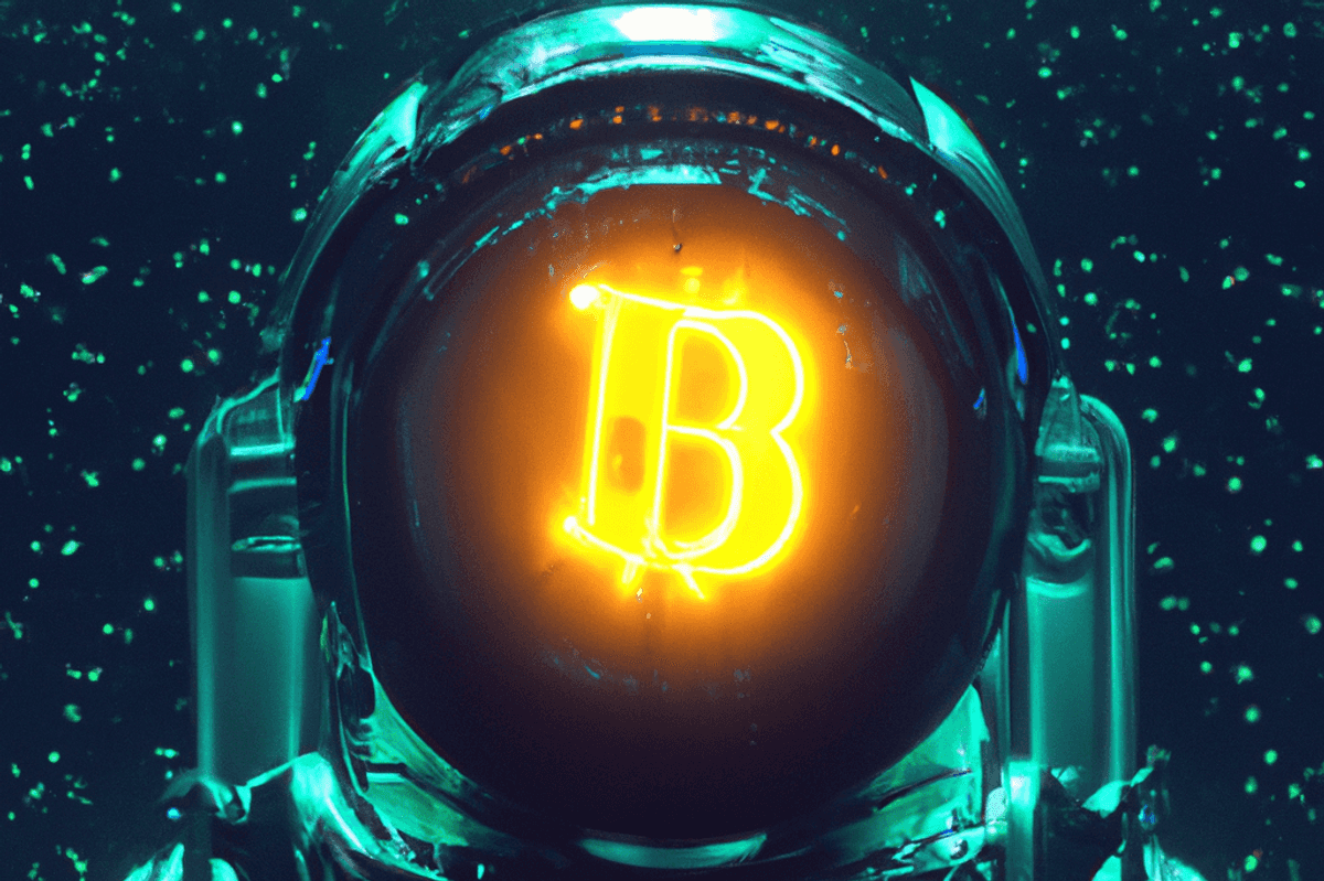 Bitcoin symbol in astronaut costume to represent Bitcoin NFTs