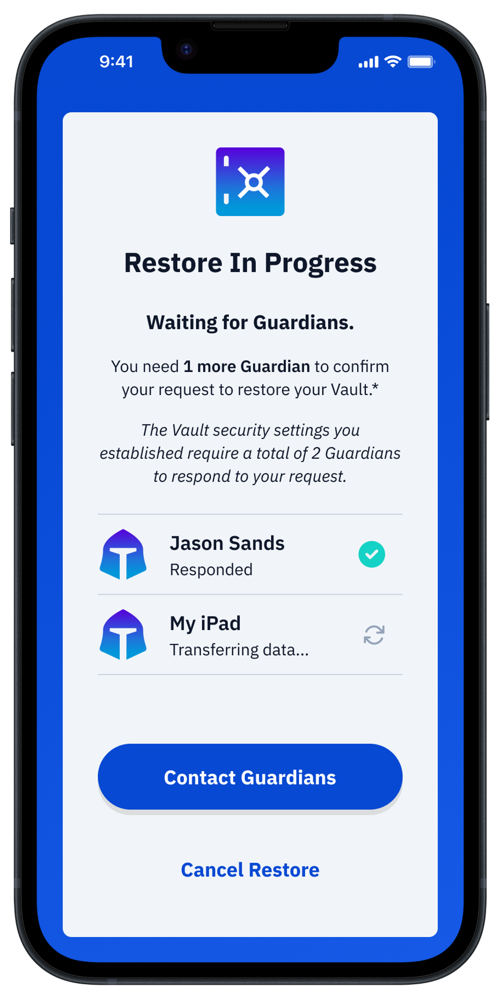 Screenshot of Vault Restore progress
