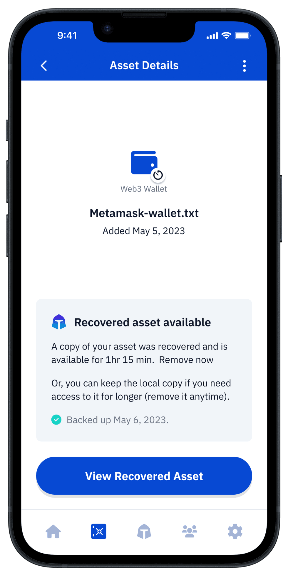 Image showing "Recovered Asset Available" status
