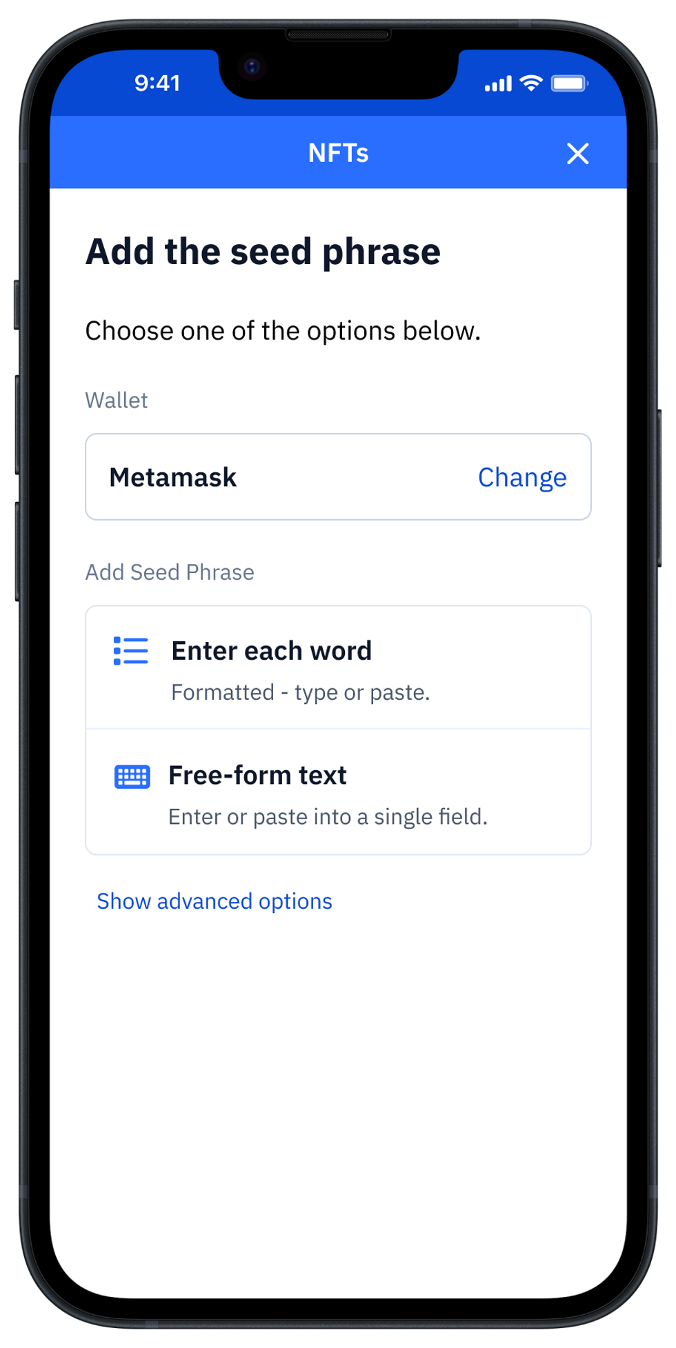 Image of adding a Metamask seed phrase