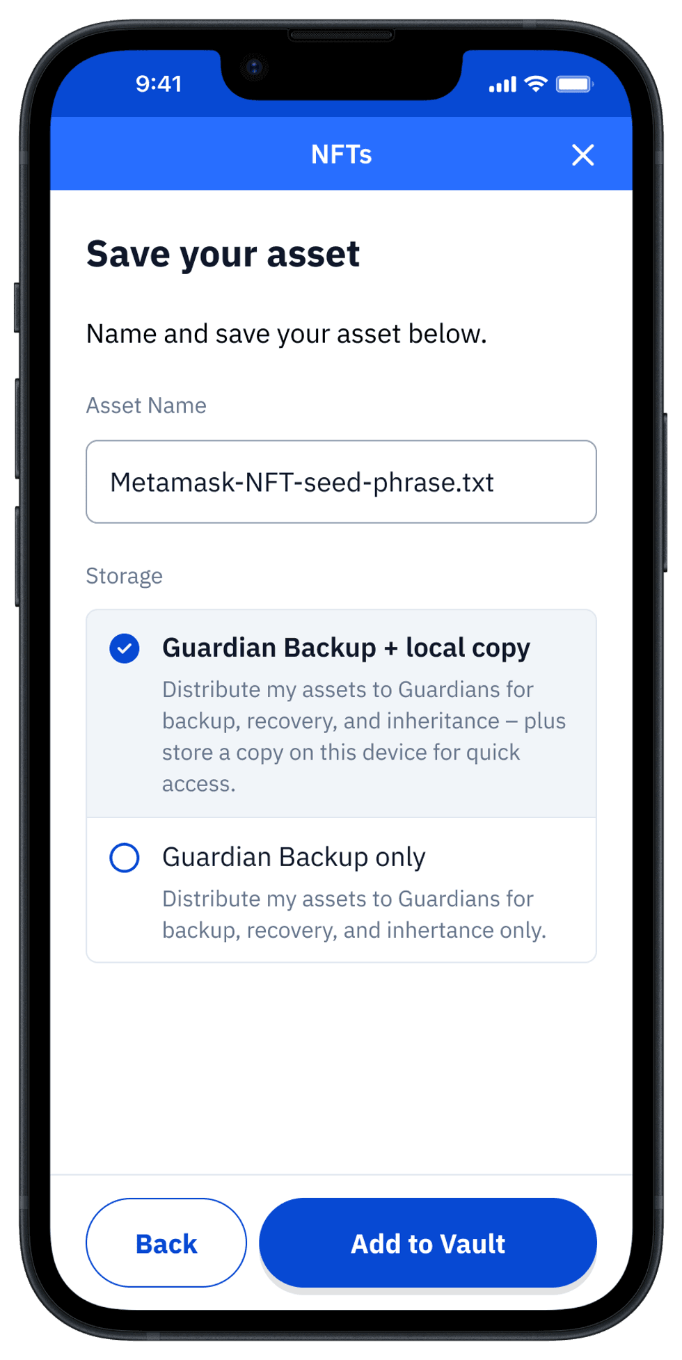 Image of Saving an NFT asset in the Digital Vault