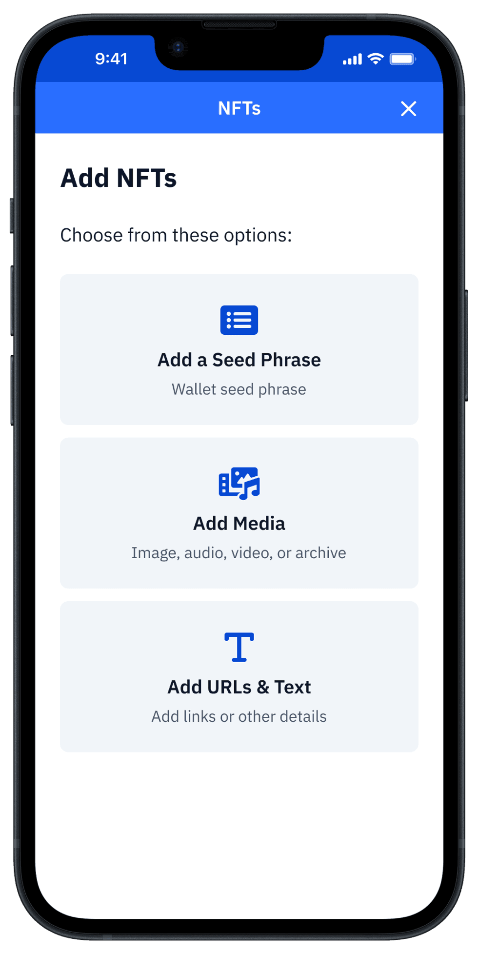 Screenshot of Add NFT screen