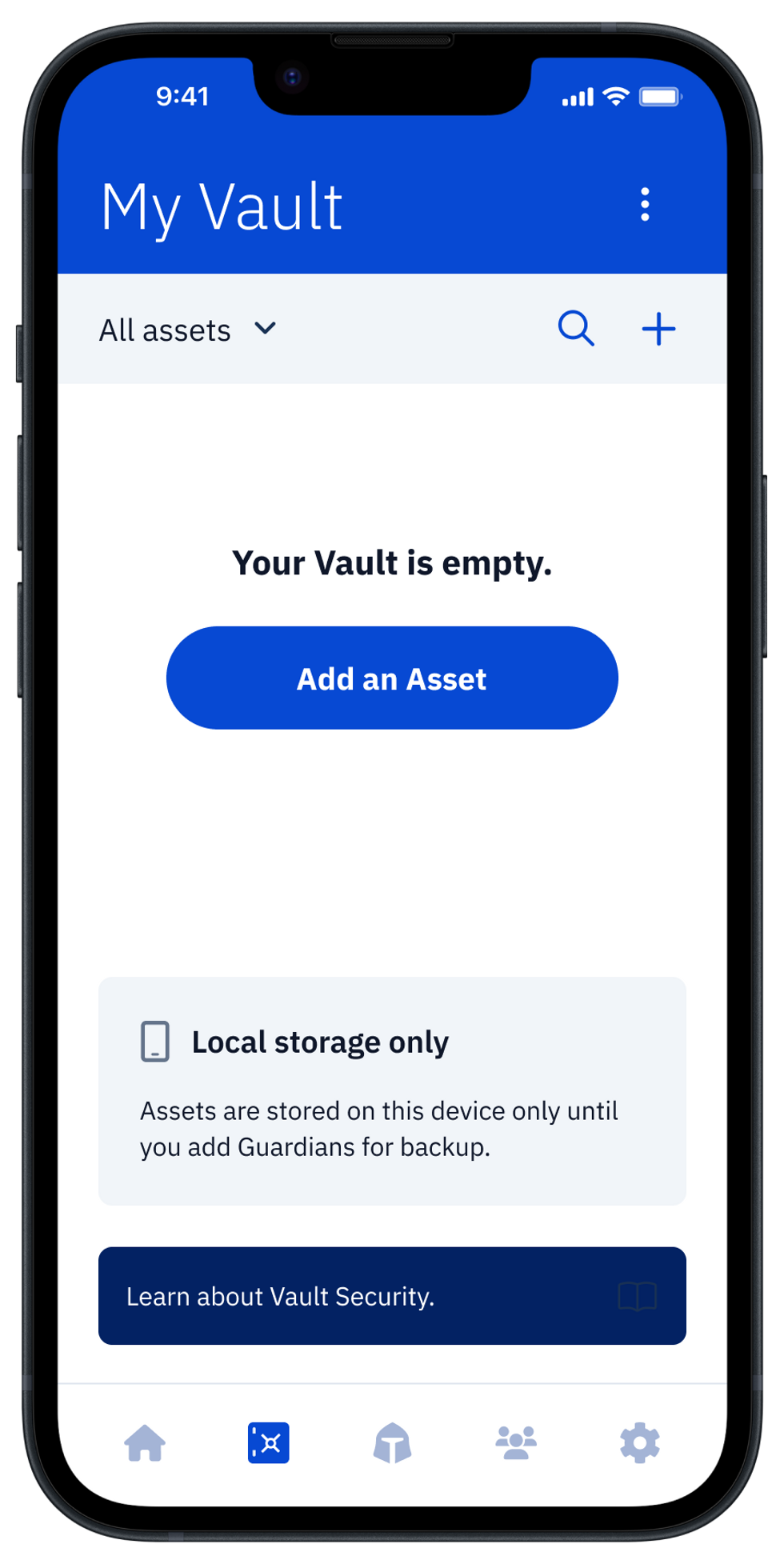 Screenshot of empty Vault in Guard app