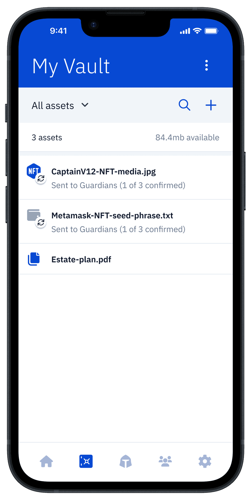 "My Vault" screen showing stored assets