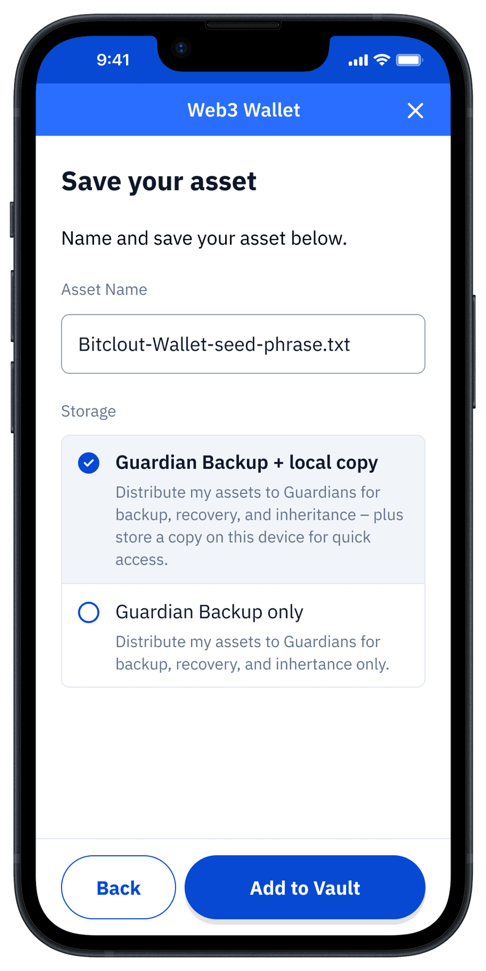 Guard app "Save your asset" screen