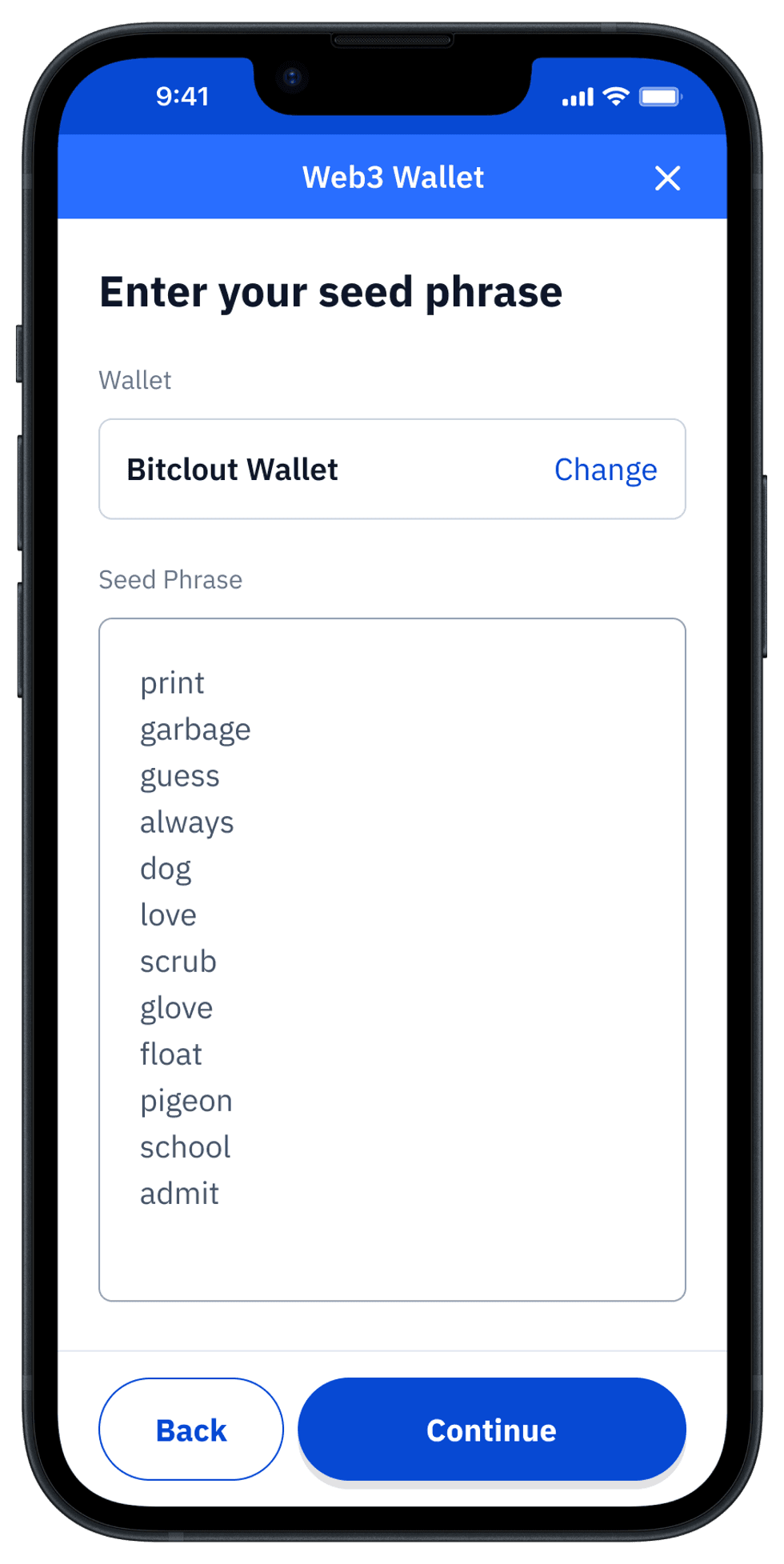 Guard app Enter your seed phrase screen