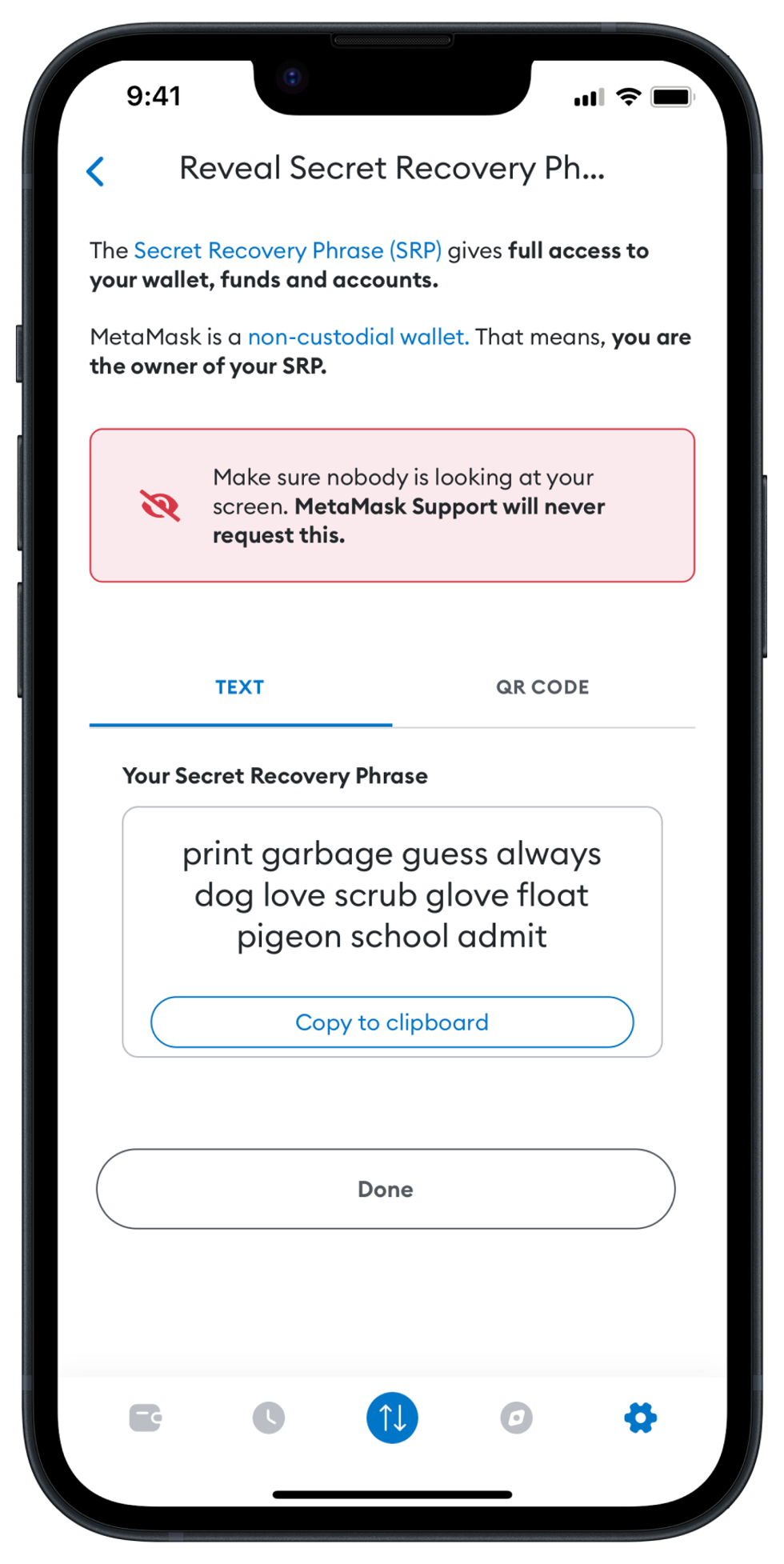 Example 12-word recovery phrase in a wallet